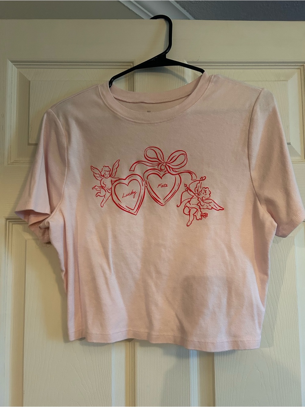 Women’s Pink Graphic Tee with Heart & Cherub Design